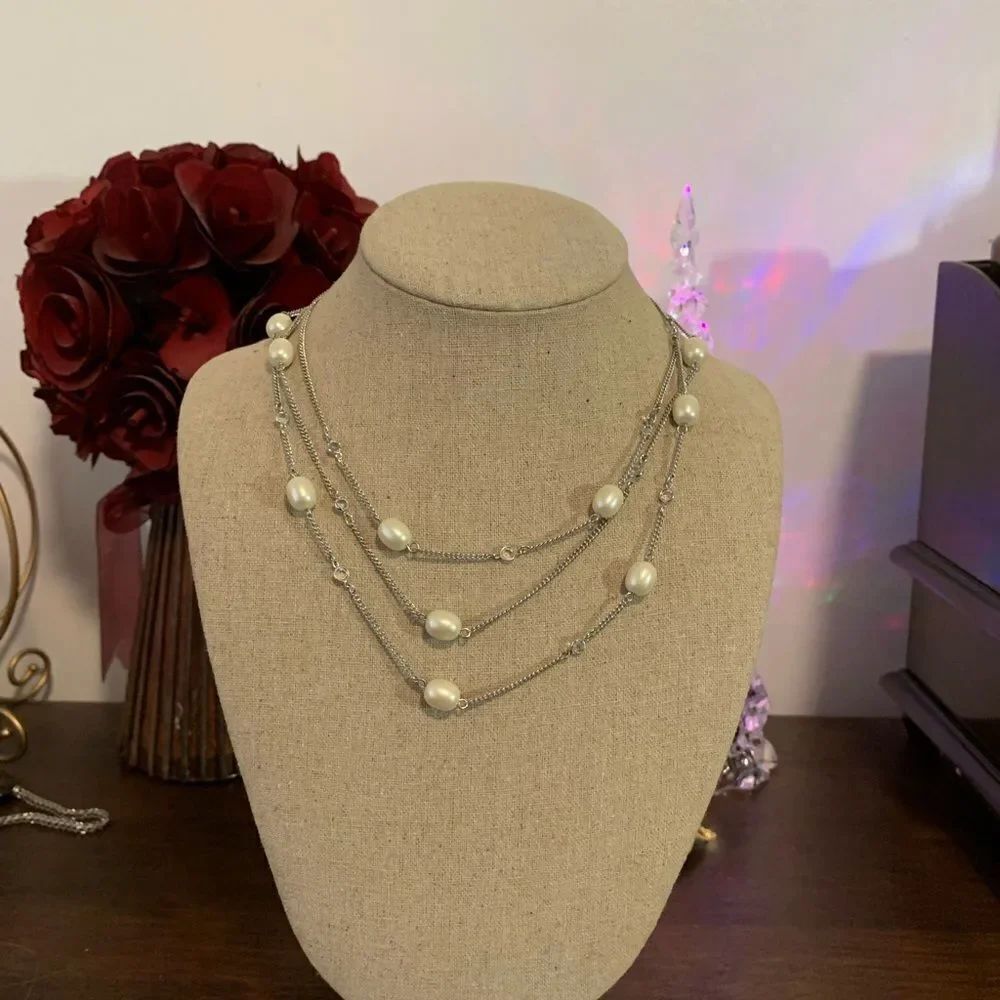 MONET THREE STRAND FAUX PEARL NECKLACE SILVERTONE